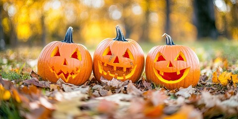 Three carved Halloween pumpkins with cheerful faces arranged on a bed of colorful autumn leaves, set against a vibrant fall backdrop.