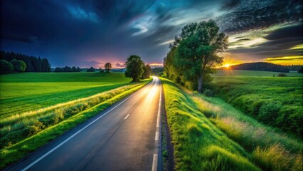 Fototapeta premium Low Light Asphalt Road Meadow Photography, Night Road Green Field, Dark Country Lane, Rural Scene, Nighttime Drive, Green Grass, Asphalt, Road, Meadow