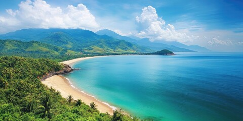 Naklejka premium Serene coastal landscape with sandy beach and lush green mountains under a clear blue sky and soft white clouds reflecting on calm turquoise waters.