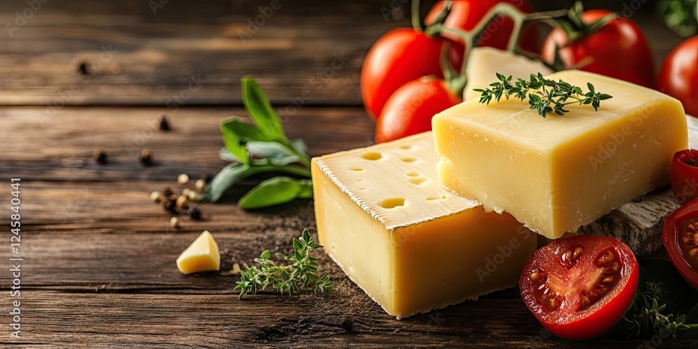 Poster cheese blocks on rustic wooden table with fresh tomatoes and herbs in vibrant greens and reds, ample