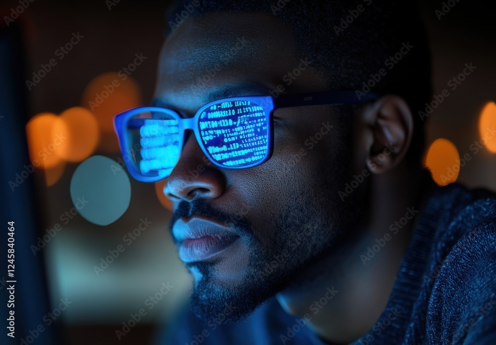 Poster young man with glasses reflecting computer code on lenses, focused on digital technology in a dark e