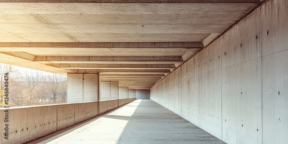 Poster concrete corridor with straight lines and soft lighting, featuring a light gray color palette and sh