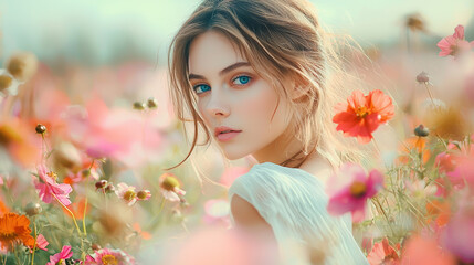 Naklejka premium Woman dressed iin white with blue eyes. walking through a field of flowers. Dynamics. Cinematic, realistic, detailed. Vogue style. Bright, saturated colors.