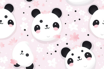 Adorable Panda Seamless Pattern with Cherry Blossoms and Pastel Pink Background