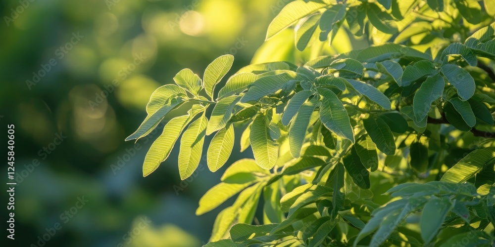 Fototapete sunlit green leaves of a tree with a soft bokeh background showcasing vibrant light filtering throug