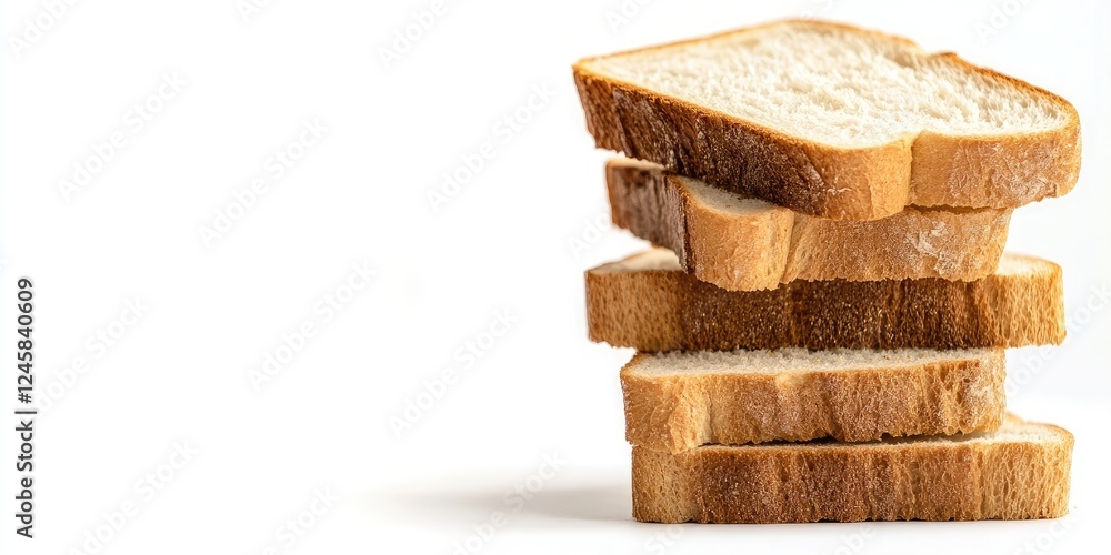 Poster freshly stacked slices of golden brown bread on a white background, showcasing five layers with text