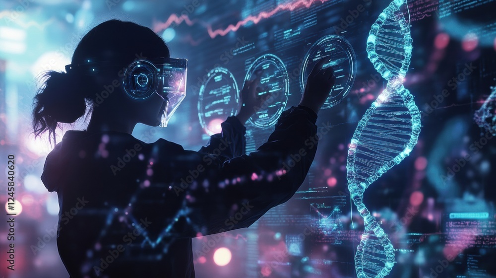 Poster futuristic scientist analyzing dna data with high-tech interface