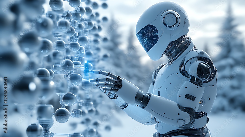 Poster a futuristic humanoid robot manipulates a molecular structure with precision in a serene winter scen