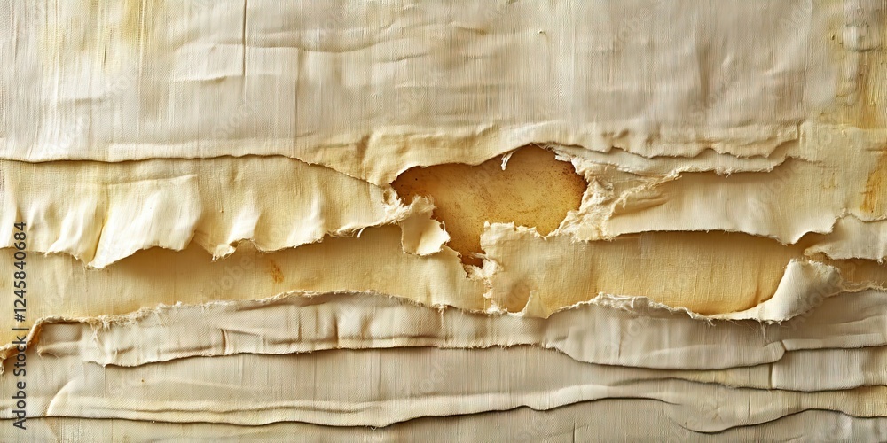 Poster peeling layers of textured yellowed paper revealing a warm beige background with soft shadows and cr