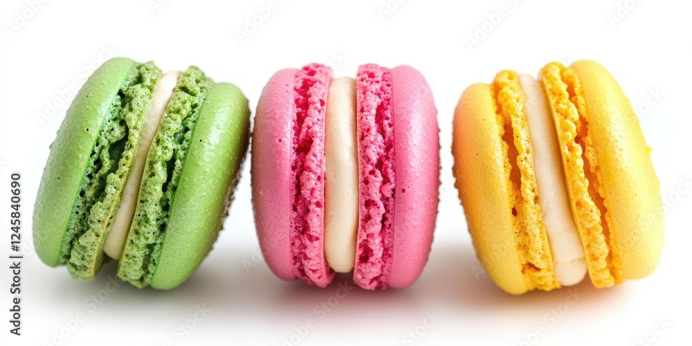 Aufkleber vibrant green pink and yellow macaroons artfully arranged in a row against a clean white background 