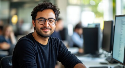 Young man with glasses smiling at camera in modern office environment surrounded by technology and colleagues engaged in work