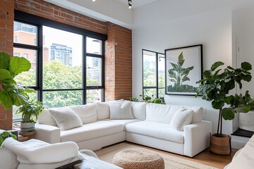 Modern loft living room, city view, plants, relaxation