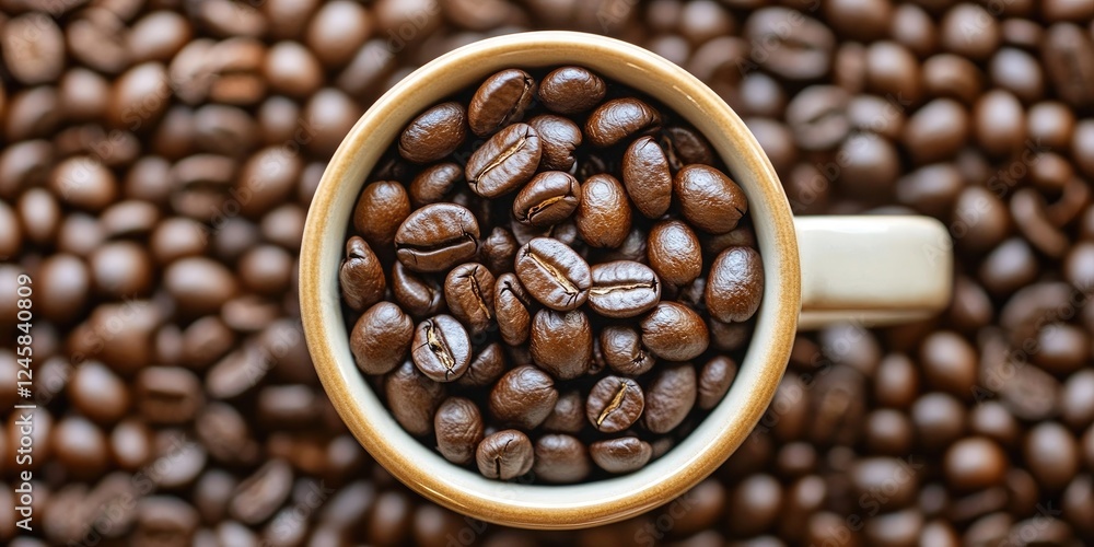 Poster top view of a beige mug filled with glossy dark roasted coffee beans placed on a background of many 