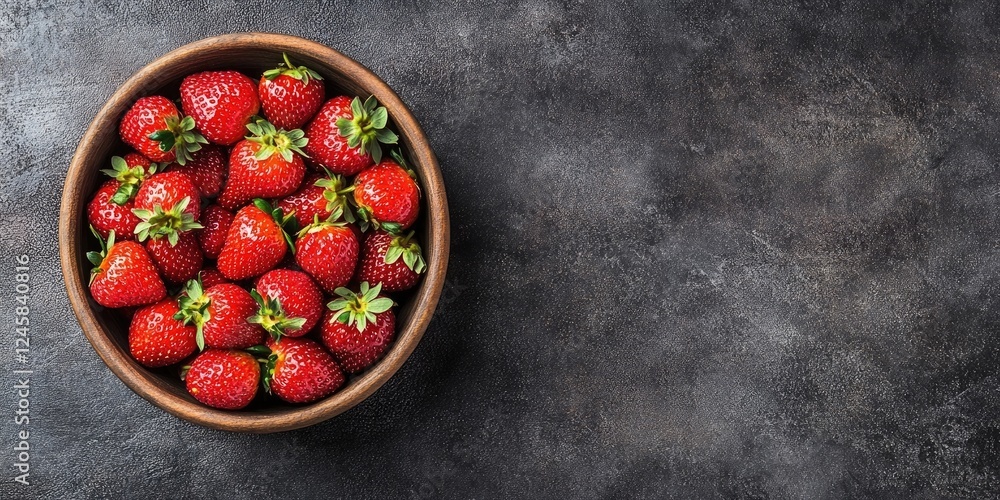 Poster fresh ripe strawberries in a wooden bowl on dark textured background offering ample copy space for c