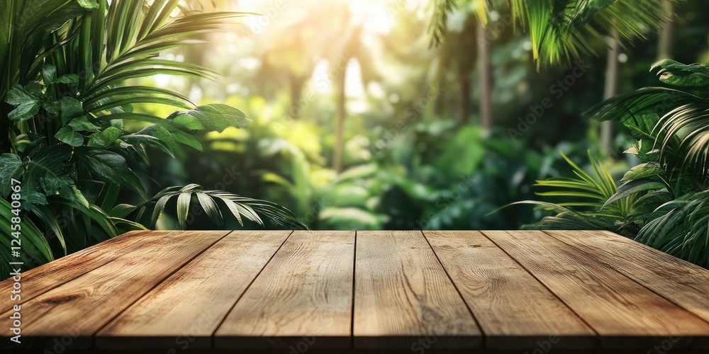 Poster wooden table in lush green tropical jungle with vibrant leaves and soft sunlight filtering through f