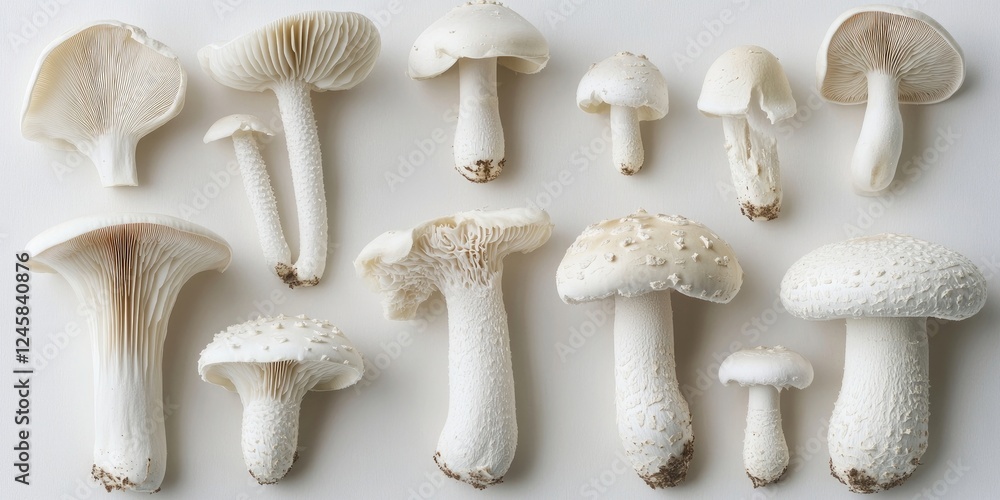 Poster Assorted white mushrooms arranged on a clean white background highlighting their unique textures and shapes in a minimalist style.
