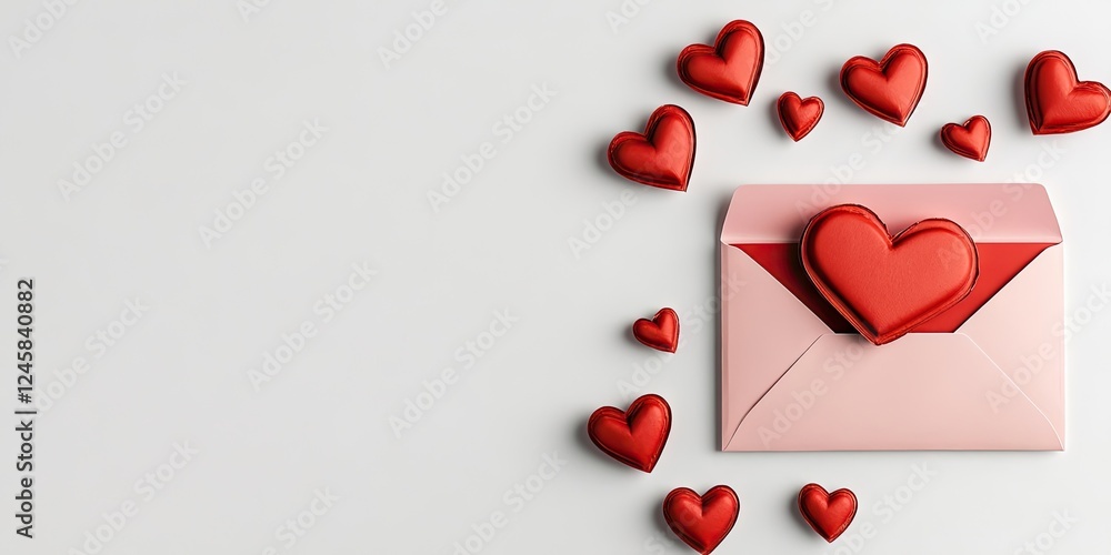 Poster pink envelope with a red heart seal surrounded by smaller red hearts on a light gray background, emp