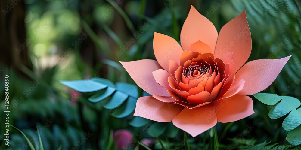 Poster vibrant orange paper flower with layered petals positioned centrally against a lush green background