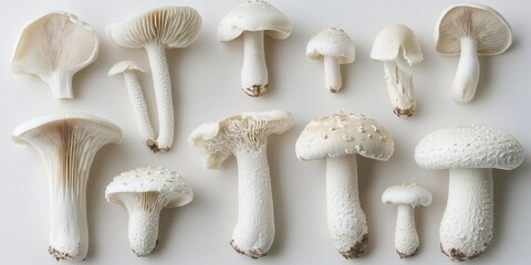 Assorted white mushrooms arranged on a clean white background highlighting their unique textures and shapes in a minimalist style.