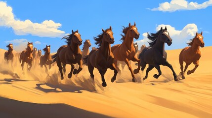 A herd of wild mustangs galloping across a sunlit desert landscape, with sand dunes and a blue sky in the background, creating a dynamic and wild scene.