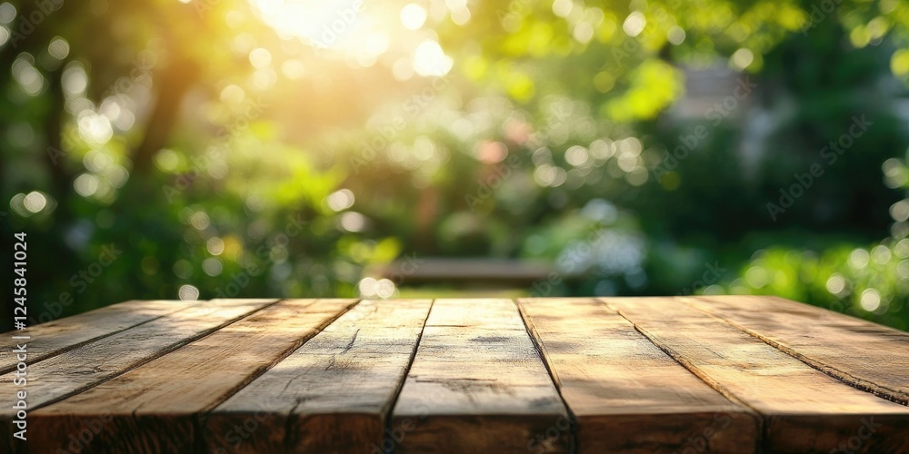 Poster Textured wooden table surface in the foreground with a blurred green garden bokeh background showcasing soft sunlight shining through trees
