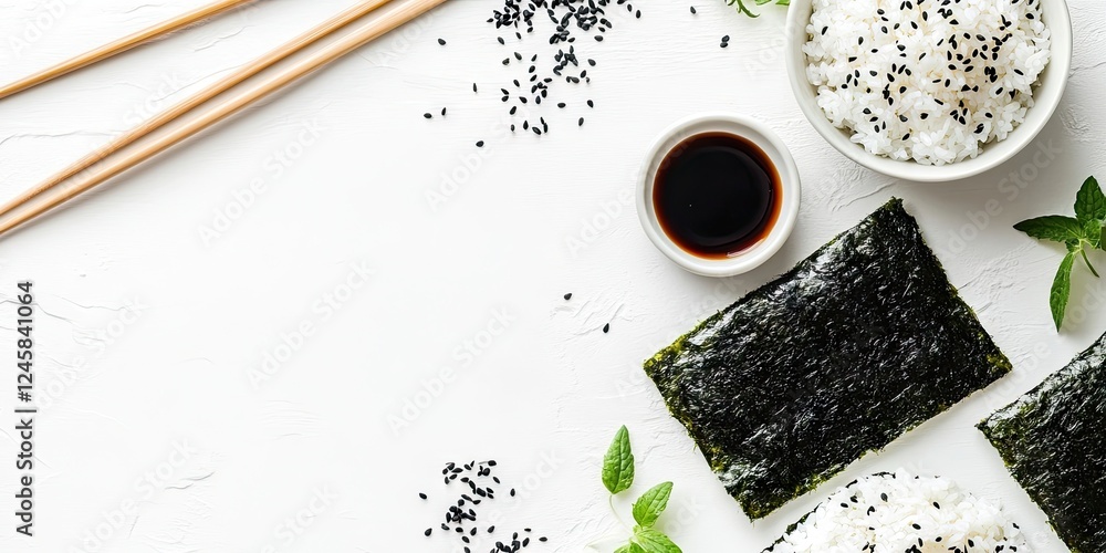 Poster nori sheets with rice and soy sauce elegantly arranged on a white background, accented with chopstic