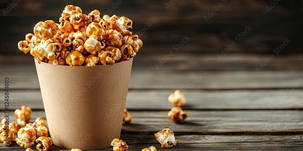 Poster caramel popcorn bucket filled with golden popcorn pieces on a rustic wooden background with room for