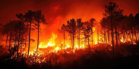 Fototapeta premium Fiery forest wildfire with bright orange flames engulfing tall evergreen trees under a smoky red sky, creating a dramatic and intense scene.