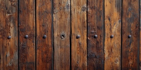 Naklejka premium Aged brown wooden planks with polished and weathered texture arranged vertically, featuring varied tones with dark circular fasteners embedded.