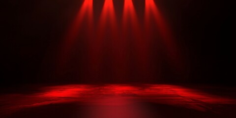 Dramatic Stage Scene Illuminated by Intense Red Lights with a Dark Background and Reflections, Atmosphere for Event and Performance Visuals