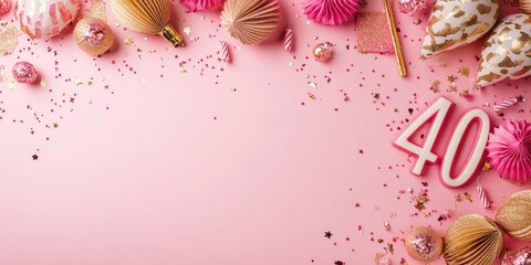 Celebratory flat lay of pink and gold decorations with 40th birthday numeral arranged in a festive layout on a light pink background.