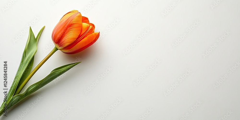 Aufkleber bright orange tulip leaning left on a soft white background with vibrant green leaves, captured in a