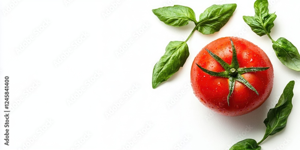 Poster vibrant red tomato placed centrally with fresh green basil leaves around it on a clean white backgro