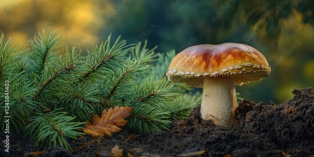 Aufkleber lone porcini mushroom with a glossy cap positioned on rich dark soil surrounded by green pine needle