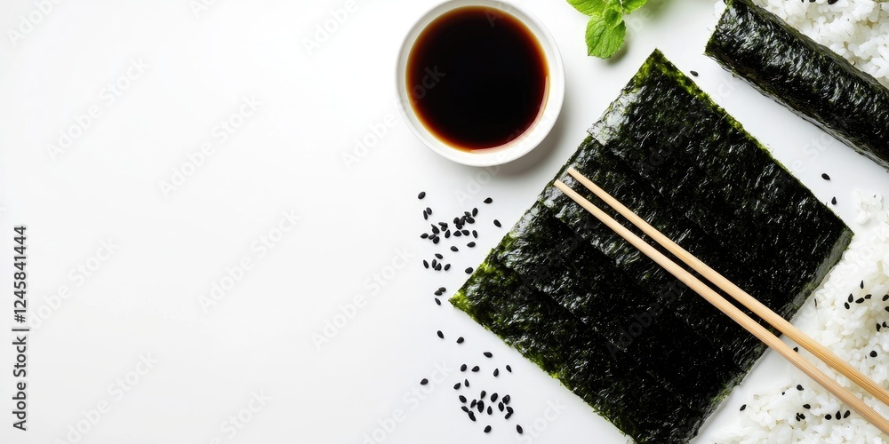 Poster nori sheets with rice and chopsticks arranged artistically beside a small bowl of soy sauce on a cle
