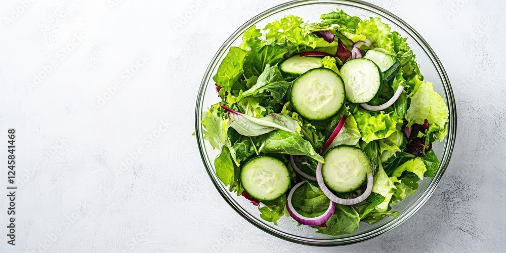 Aufkleber top view of a clear bowl filled with fresh green salad featuring crisp cucumbers and red onions agai