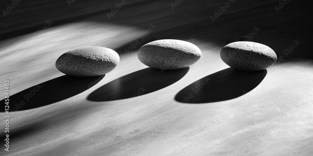 Leinwandbilder Three textured stones arranged in a line on a tabletop casting long shadows in subtle black and white tones under soft ambient lighting.
