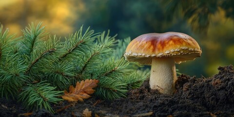 Fototapeta premium Lone porcini mushroom with a glossy cap positioned on rich dark soil surrounded by green pine needles and autumn leaves in a soft blurred background.
