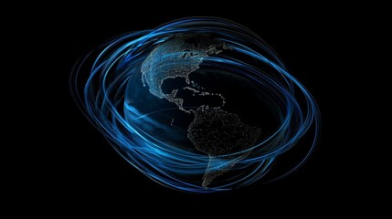 Earth Wrapped in Glowing Blue Data Streams Forming Dynamic Spirals of Energy and Connectivity Concept, Against a Dark Background With Motion Effects
