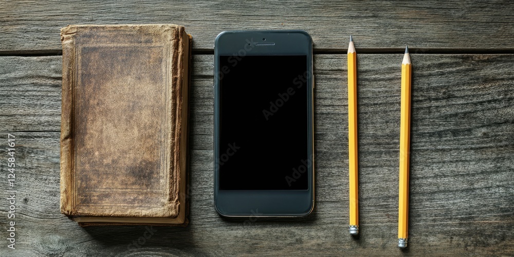 Poster smartphone with a blank screen positioned between an old book and two yellow pencils on a rustic woo