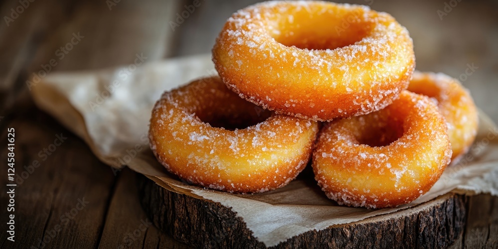 Aufkleber Delicious fresh donuts stacked on a rustic wooden base with a soft brown background topped with sugar crystals creating a warm inviting feel