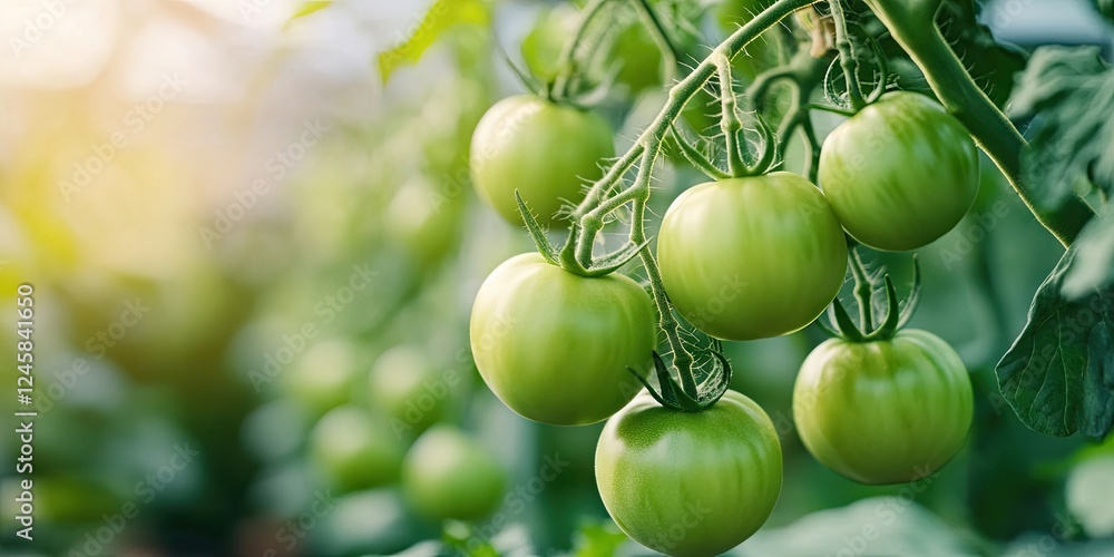Poster Green tomatoes clustered on branches in a greenhouse with soft sunlight illuminating the scene vibrant green hues and ample space for text
