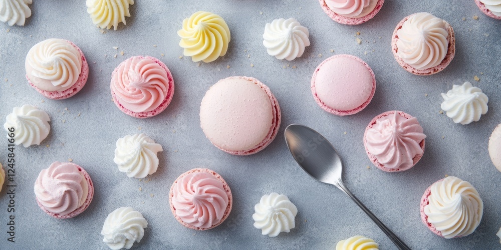 Poster Overhead view of assorted pink and white macaroons and yellow meringues with a teaspoon on a textured gray background showcasing pastel colors.