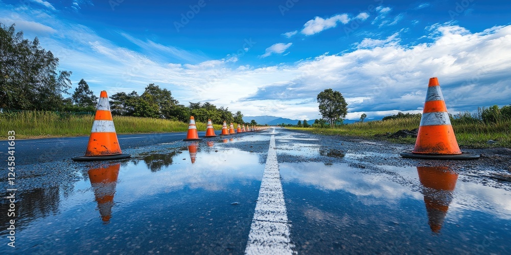 Aufkleber vast open road with orange traffic cones lined along a reflective wet surface under a bright blue sk