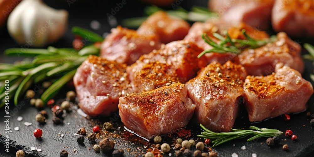 Poster freshly seasoned cubes of pork meat on a dark slate background adorned with rosemary and assorted sp