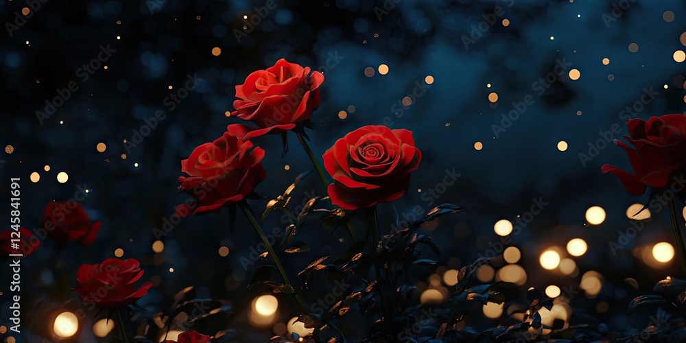 Poster dramatic night scene featuring vibrant red roses on dark foliage with soft golden bokeh lights in th
