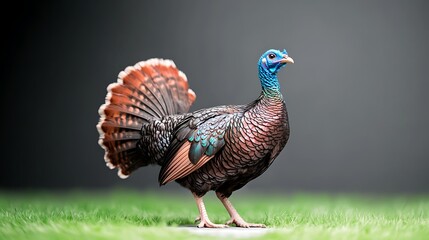 Obraz premium Vibrant peacock displaying its feathers in a serene outdoor setting with blurred greenery