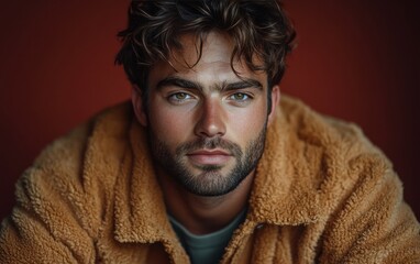 A man in a brown jacket is smiling and looking at the camera