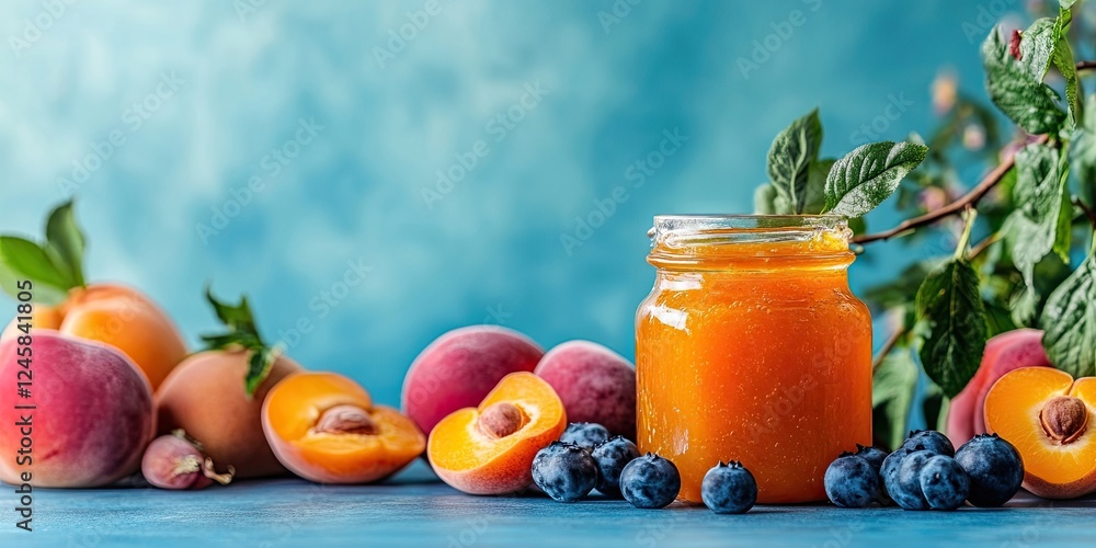 Poster vibrant apricot jam in a clear jar surrounded by fresh whole and halved peaches and blueberries on a