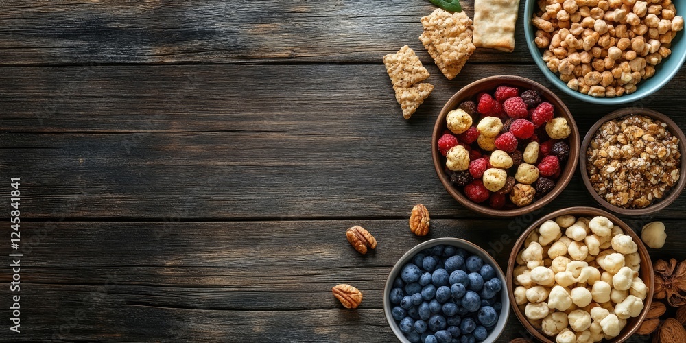 Poster nutritious snacks in bowls including blueberries, raspberries, and popcorn arranged on a wooden tabl